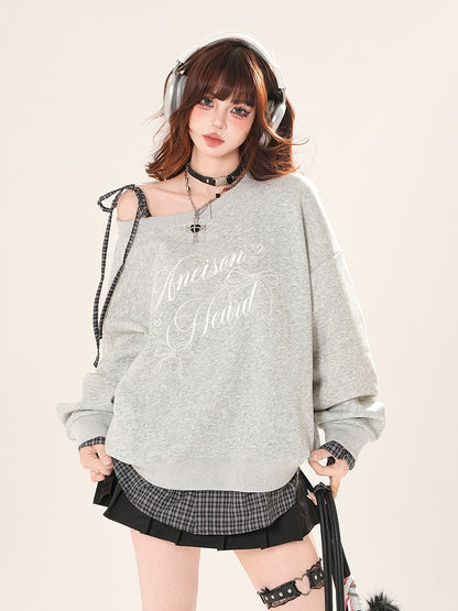 Self-tie Asymmetrical Neckline Plaid Hem Sweatshirt Black/Gray Shoulder Strap
