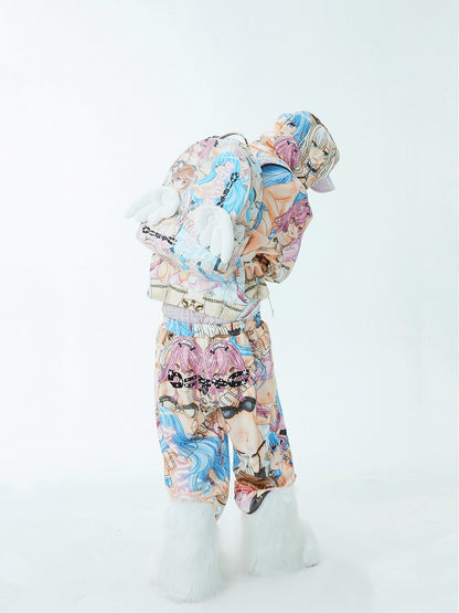 Elastische Taille Cartoon Print Straight Leg Hose Bunt