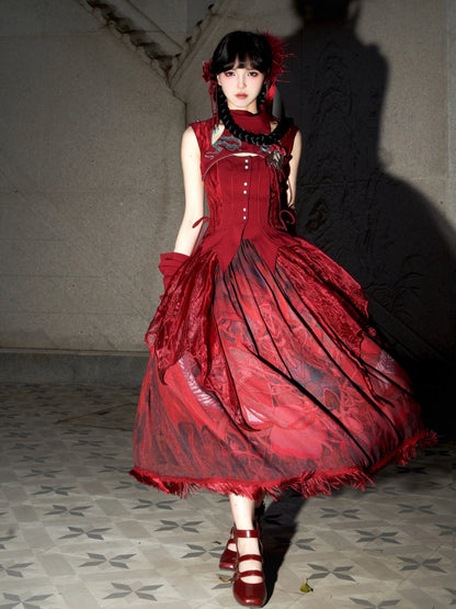 Red Gothic Dragon Embroidery Sleeveless Top Cutout Detail