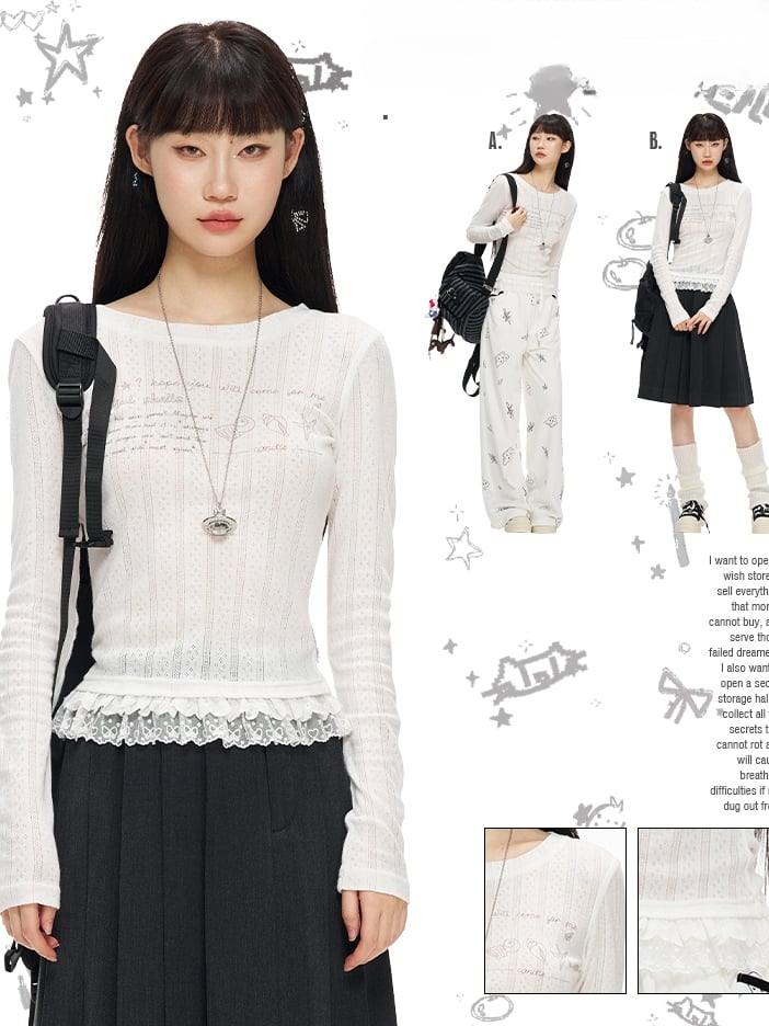 ホワイトレーストリムラウンドネックグラフィックTシャツ