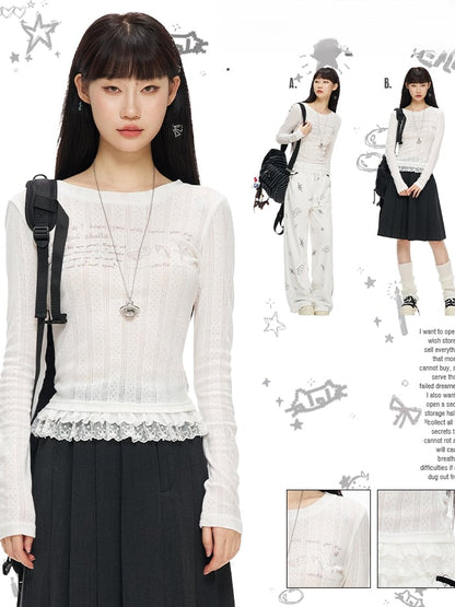 ホワイトレーストリムラウンドネックグラフィックTシャツ