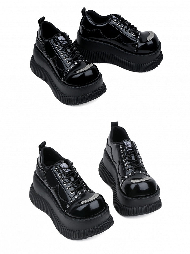 Plate Accents Details Black Stud Punk Design - Metal Lace-Up Platforms with
