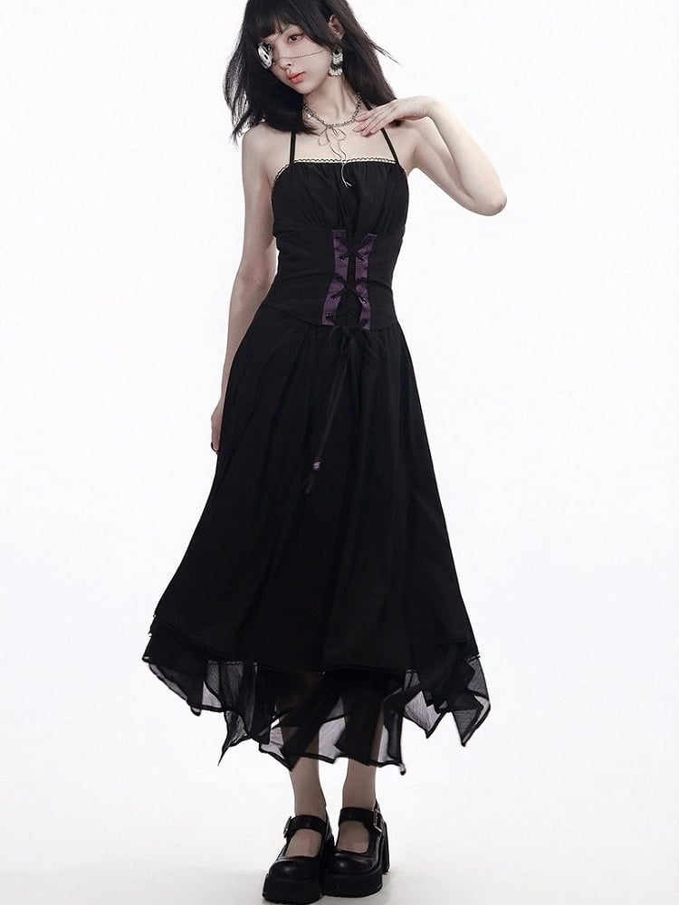 Long Black Halter Dress with Asymmetrical Hem - PINK SAVIOR