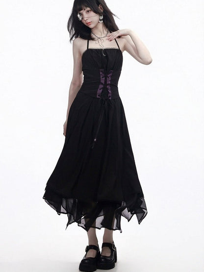 Long Black Halter Dress with Asymmetrical Hem - PINK SAVIOR