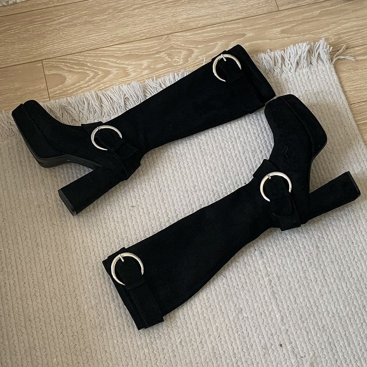 High Black Heel Platform Square Boots with Design Block Toe