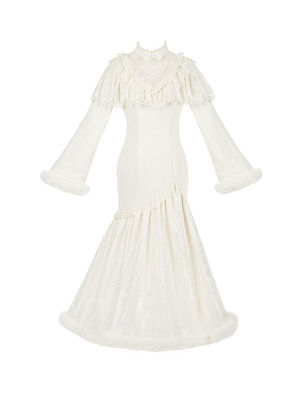 Cheongsam Embroidery Edward Camellia and Creamy Neck Dress Style Plush with Cuffs Mermaid Hem