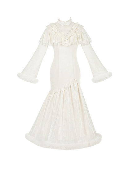 Cheongsam Embroidery Edward Camellia and Creamy Neck Dress Style Plush with Cuffs Mermaid Hem