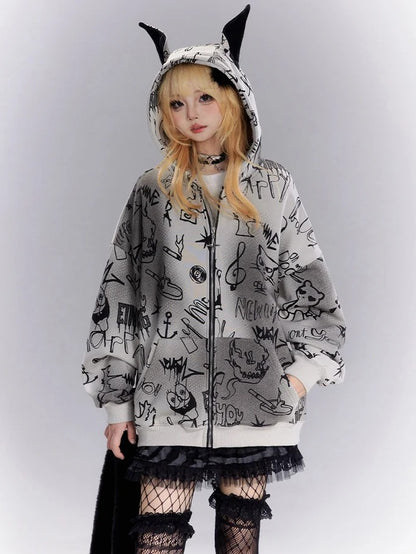 Grey Cartoon Graffiti Print Animal Ears Design Zip Hoodie