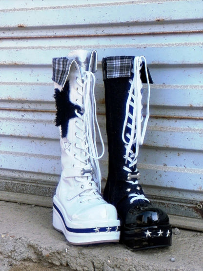 Boots Bone Punk Platform Knee-high with Details Black