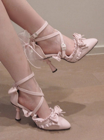 Sweet Pink Pointed Toe 7.5cm High Heels Lolita Shoes with Bowknot and Lace Detail - Luo Hua Jing Meng