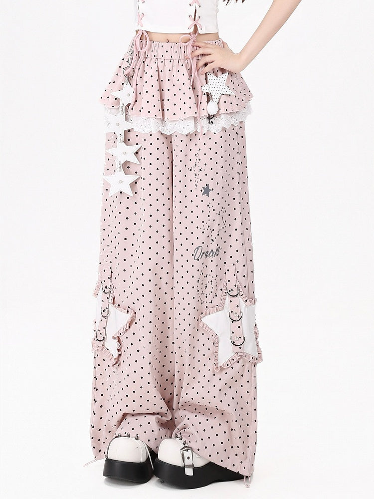 Sweet Cool Style Pink Polka Dot Straight Leg Pants with Skirt Overlay & Star Patches - CRAZY GIRL