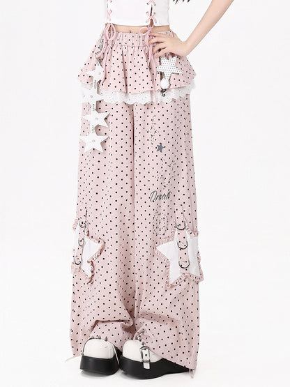 Sweet Cool Style Pink Polka Dot Straight Leg Pants with Skirt Overlay & Star Patches - CRAZY GIRL