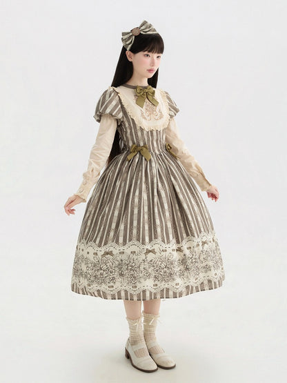 Bodice Pattern and Bowknot Lolita Piece Classic Embroidery Version Brown Long One Striped Floral