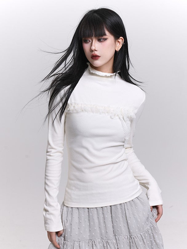 Gray/Beige/Blue Long Sleeve Fitted Top with Ruffled Lace Trim