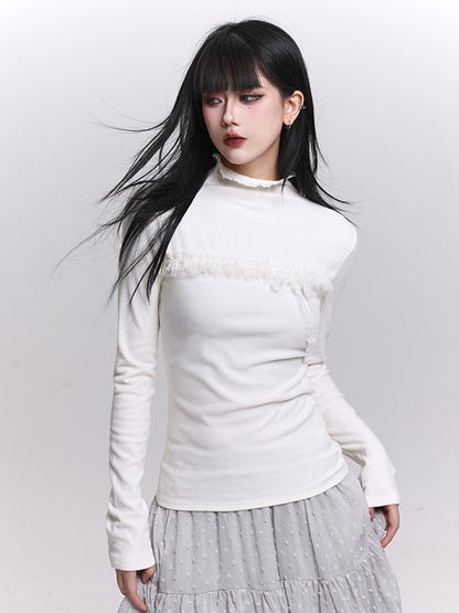 Gray/Beige/Blue Long Sleeve Fitted Top with Ruffled Lace Trim