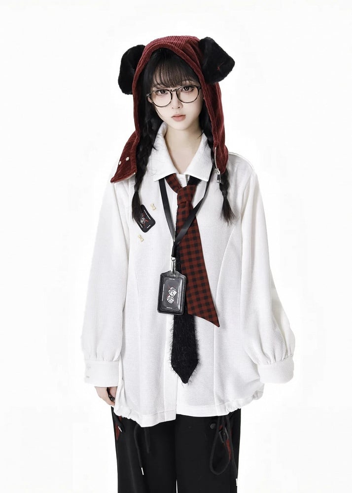 White Long-Sleeve Drawstring-Hem Shirt with Red Plaid Tie