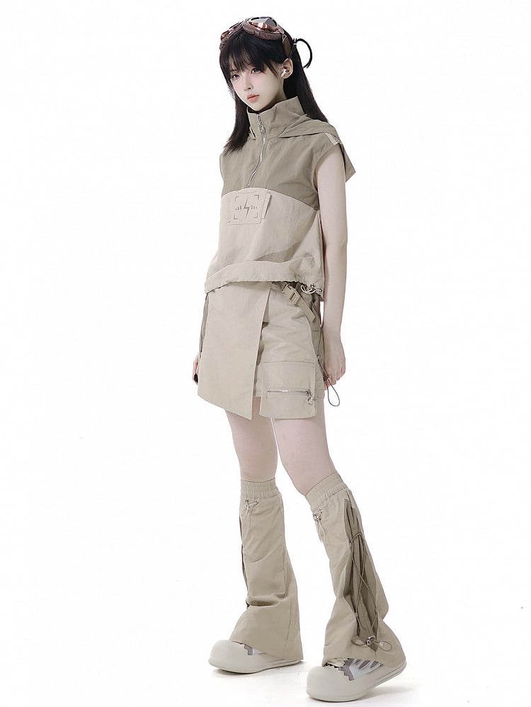 Techwear-Beinwärmer, Khakifarbene Bündchen mit Kordelzug