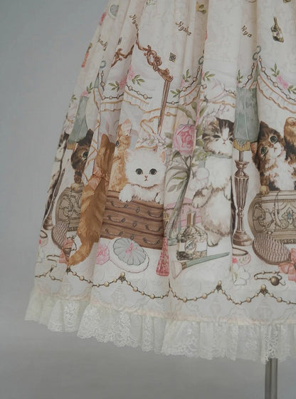 Beige Cat Print Round Neck Sweet Lolita Dress with Lace Trim - NyaNya