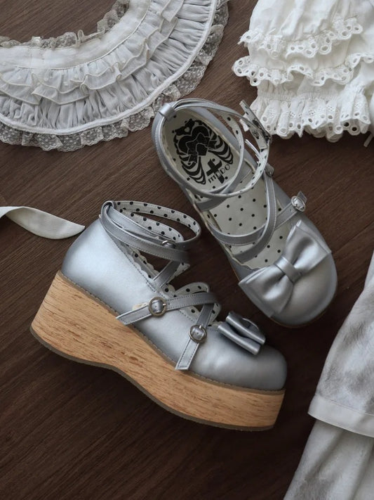 Shoes Platform Round Toe at Sweet Silver Bow Lolita PU - Top Crisscross Design