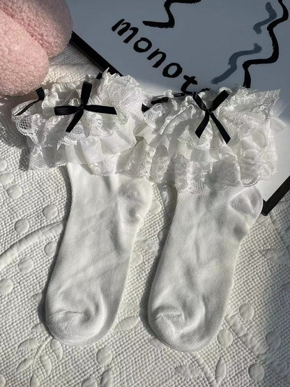 Black/White Cuff Bow Socks Lace Three-layered