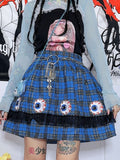 and Blue Trim Plaid Ruffle Y2K Punk Skirt Lace Eye with Embroidery