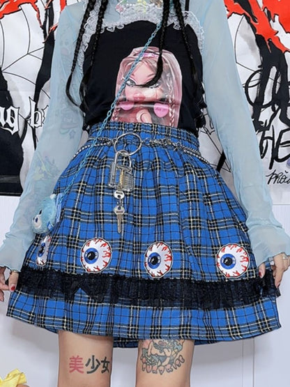 and Blue Trim Plaid Ruffle Y2K Punk Skirt Lace Eye with Embroidery