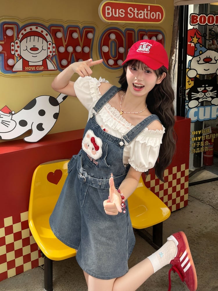 襟付きぬいぐるみキティパフスリーブTシャツホワイトフリルレース