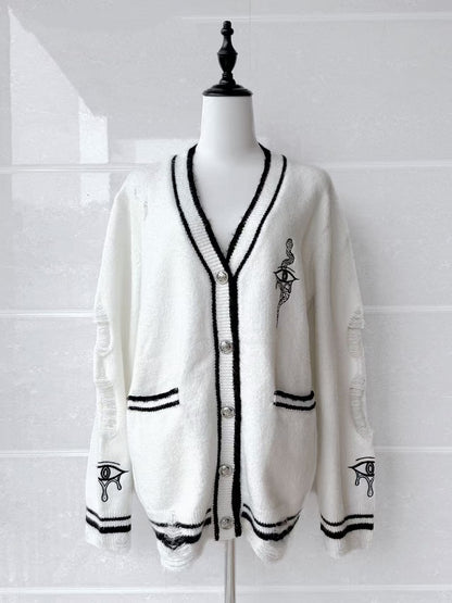 mit Augen- und Schlangenstickerei Distressed Holes Strickjacke Weiß
