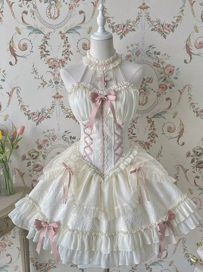 Cross Belle Rosa Neckholder-Korsettkleid Balletcore Lolita JSK