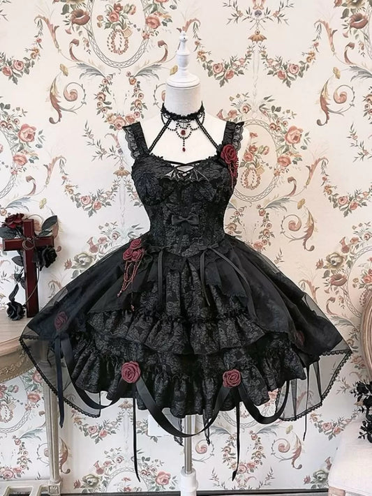 Waist 59-76CM Clearance-Size Lolita Bleeding Black S Rose for Skirt Gothic