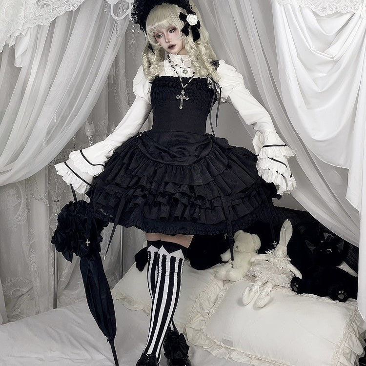 Lolita Tiered Black Ruffle with Waist Birdcage Skirt Dress Boned Gothic JSK