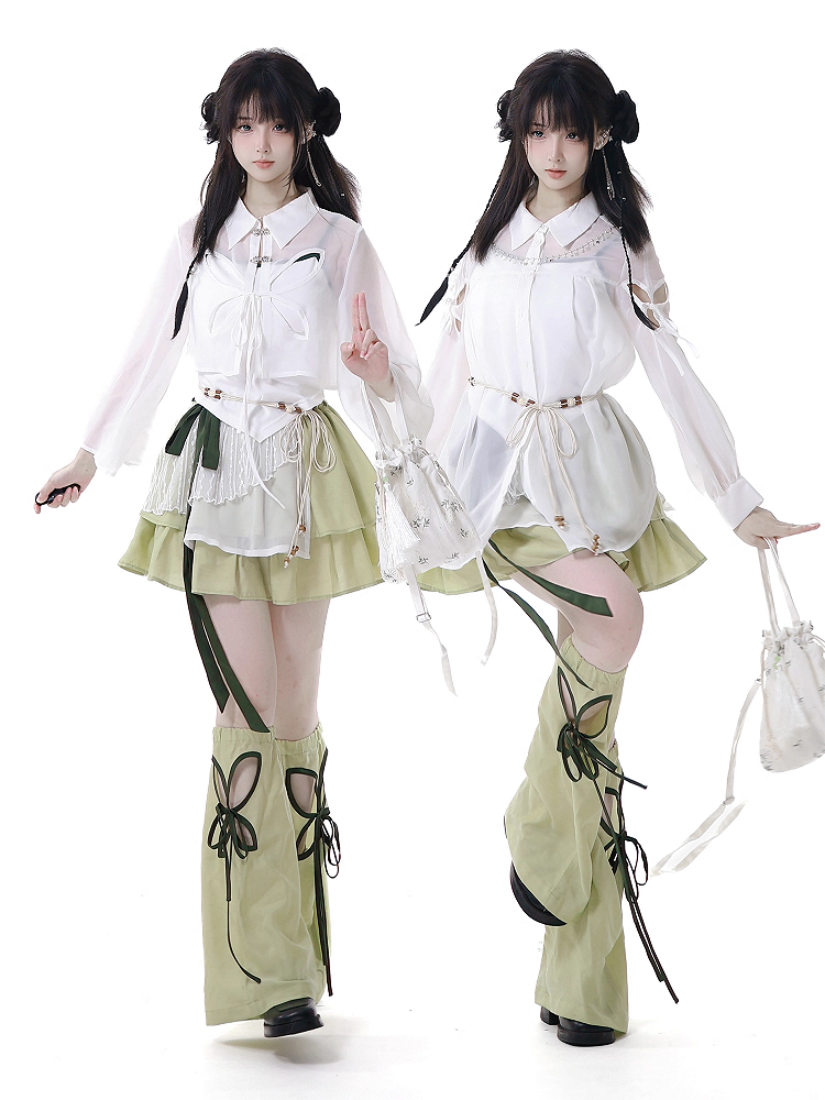 ボタンスタイルシャツ チャイナドレス 蝶型カットアウト ホワイト シースルー シフォン ノット ショートバージョン