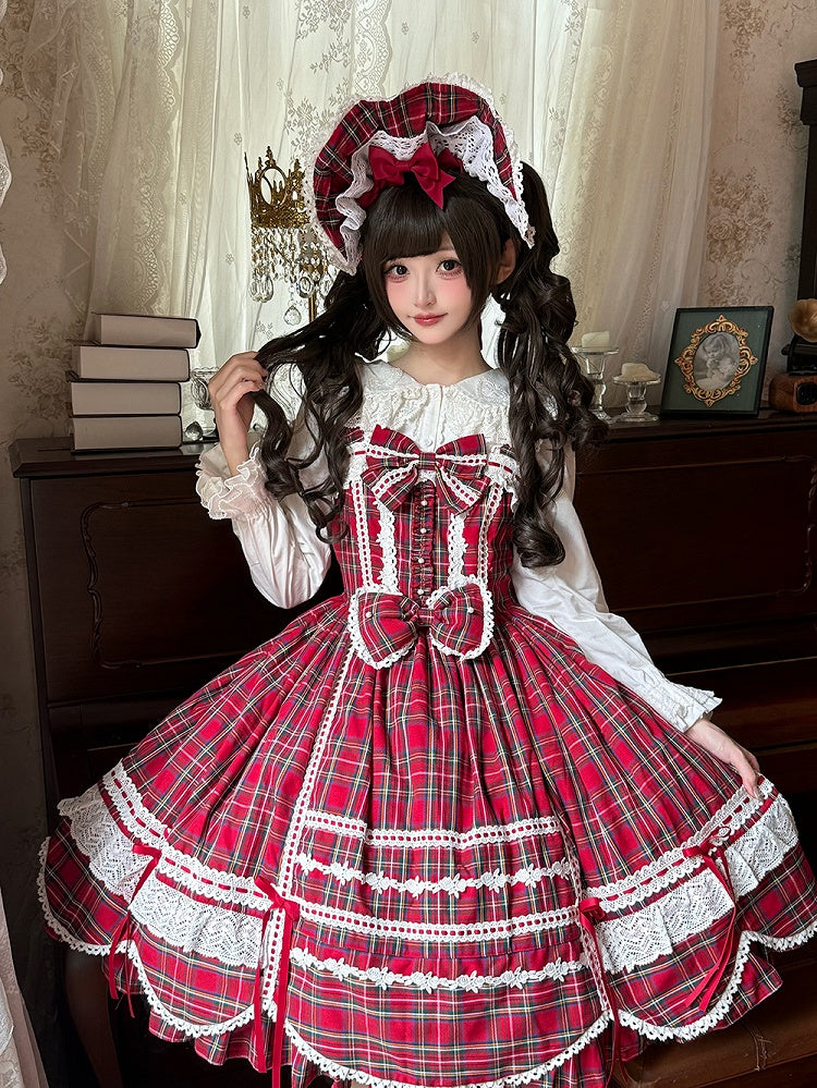 mit Akzenten Rock gewellter Pullover süß kariert Lolita Schleife Rand roter Besatz