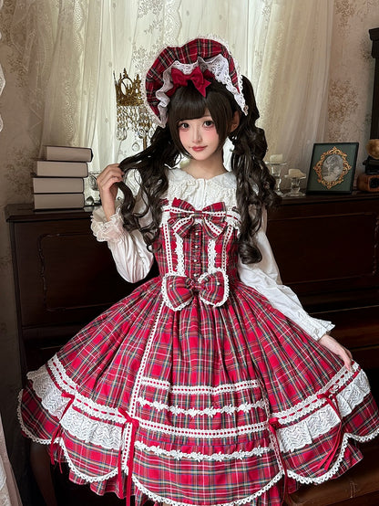 mit Akzenten Rock gewellter Pullover süß kariert Lolita Schleife Rand roter Besatz