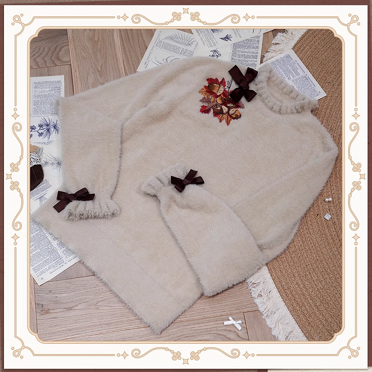 秋のトップス、リボン結びの袖口、ネックライン、リーフ刺繍ニット、メープルカーキ