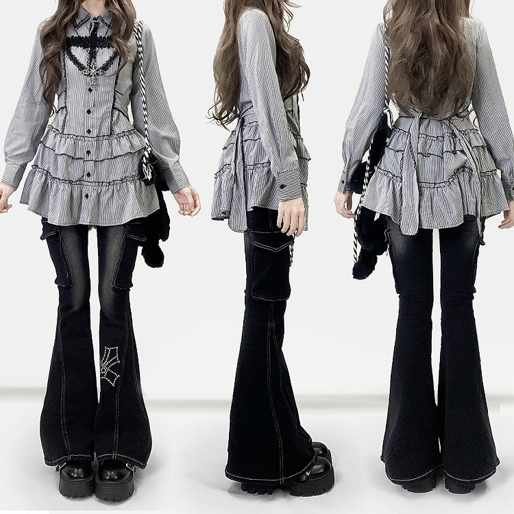 Strap Shirt Bittersweet Stripe Self-tie Black -