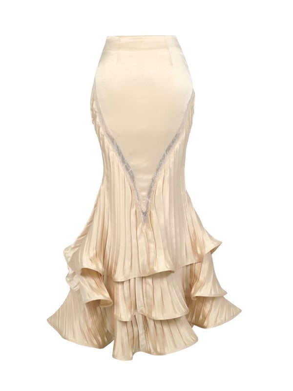 Hem Flounce Light Flowing Pleated Layered Mermaid Design Skirt Beige