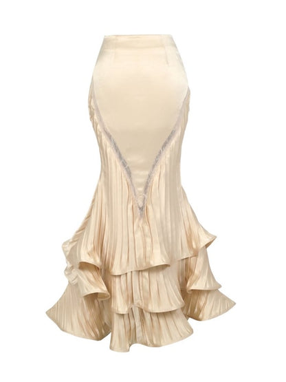 Hem Flounce Light Flowing Pleated Layered Mermaid Design Skirt Beige