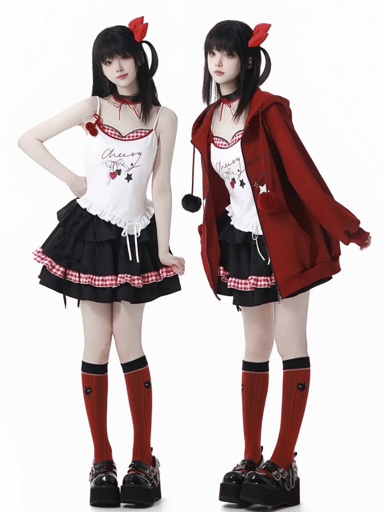 Black Skirt Hem Red Ruffled Plaid with Tiered