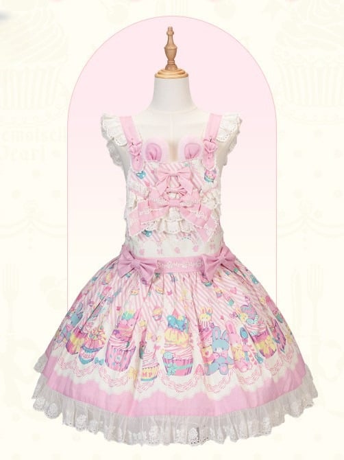and Pink Sweet Lolita Bunny Print Dress Overall White Cupcake