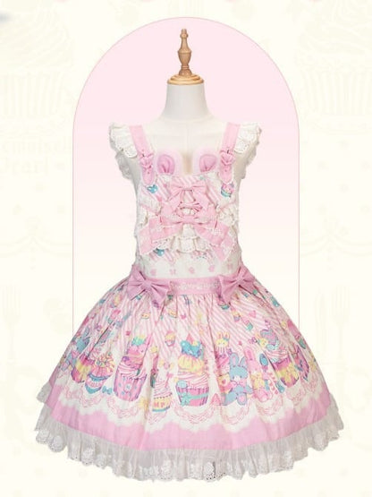 and Pink Sweet Lolita Bunny Print Dress Overall White Cupcake