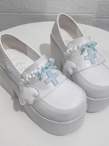 Tenshi Kaiwai ライトブルー ヤミ カワイイ クロス ボウノット プラットフォーム ローファー