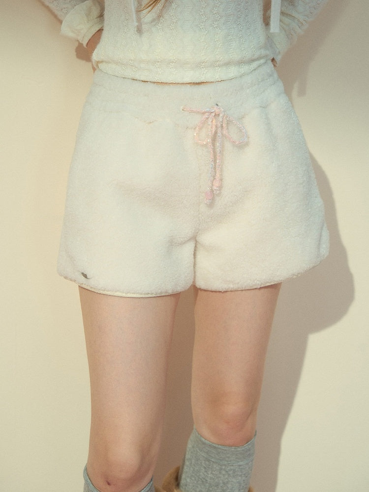 with Drawstring Waist Faux Cream White Fur Shorts