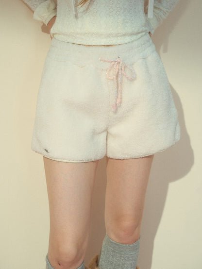 with Drawstring Waist Faux Cream White Fur Shorts