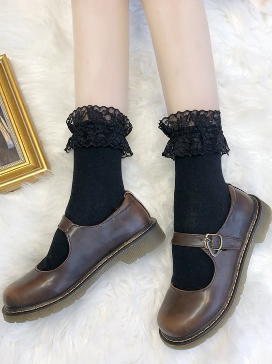 4 Chaussettes Lolita en Coton à Bordure Dentelle de Couleurs Variées