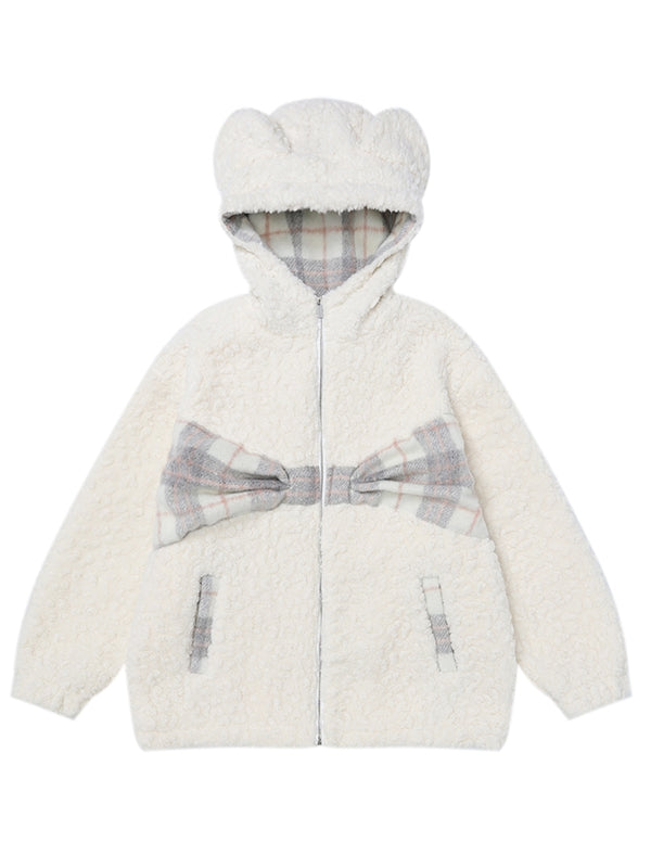 Milchweiß karierter Fleece-Kapuzenpullover mit Schleife und Bärenohren