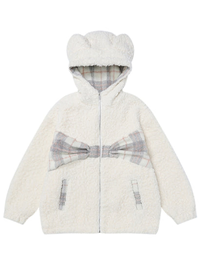 Milchweiß karierter Fleece-Kapuzenpullover mit Schleife und Bärenohren