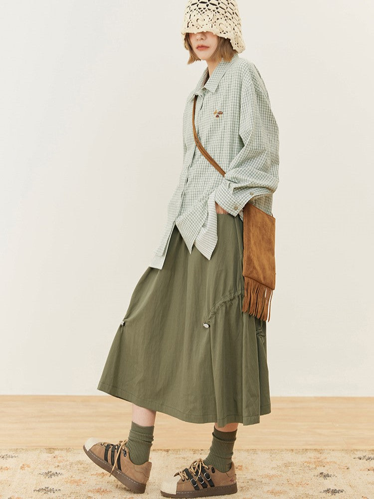 Drawstring with Design Vintage Green Shirt Silhouette A-Line