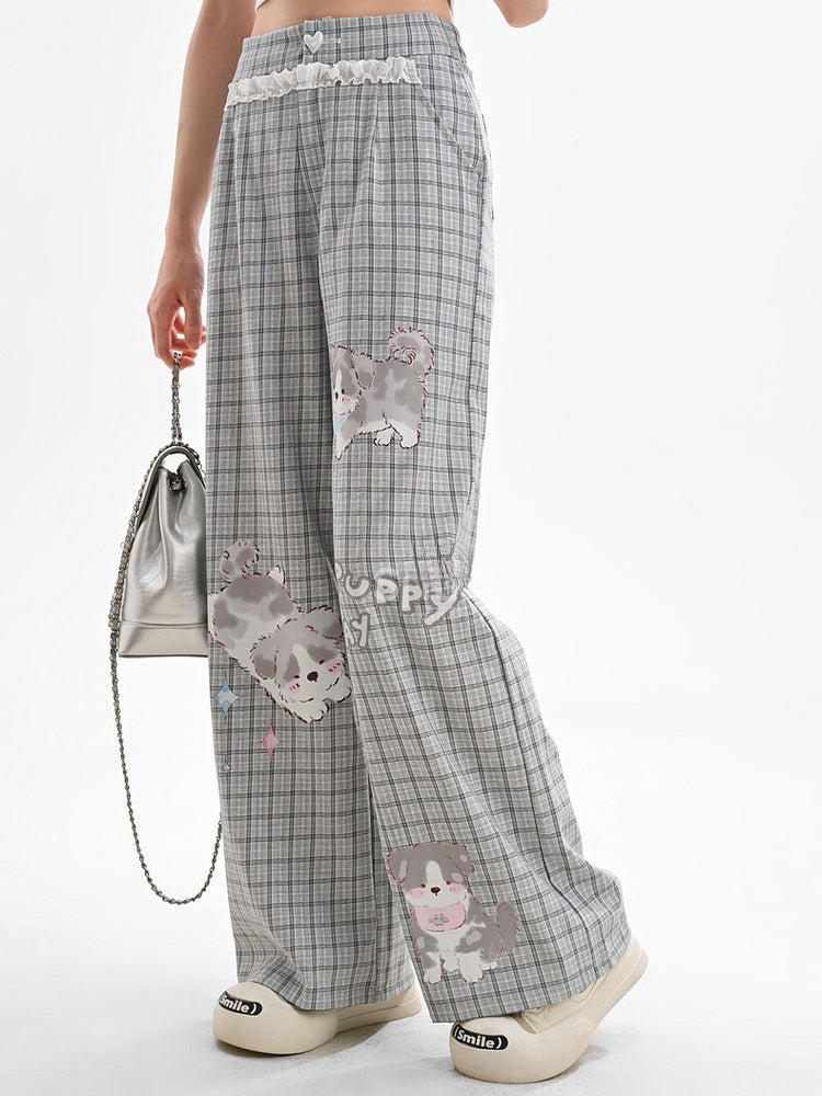 Normale/kurze Spitze, grau kariert, Welpen-Print, Herz-Knopf-Version, weites Bein, Hosenbesatz