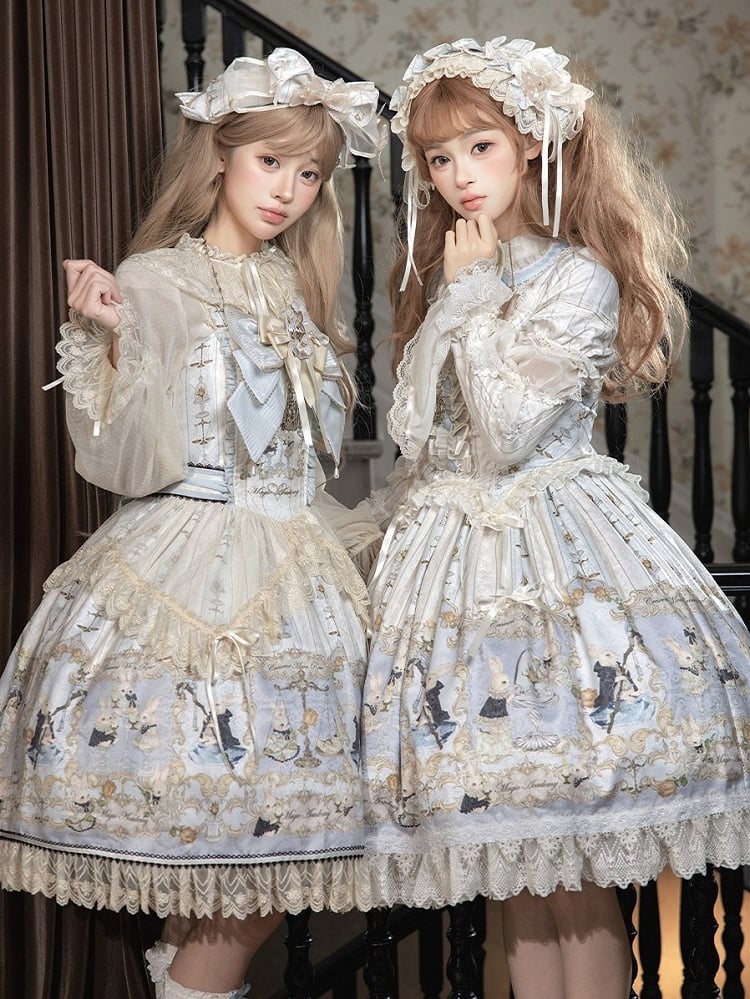 Azure Rabbit-Print Bow JSK with Lace Blouse - Stars Fall on the Foggy Island